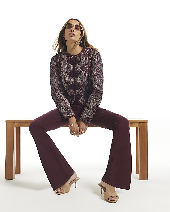 Burgundy High Waisted Slim Fit Flared Jeans
