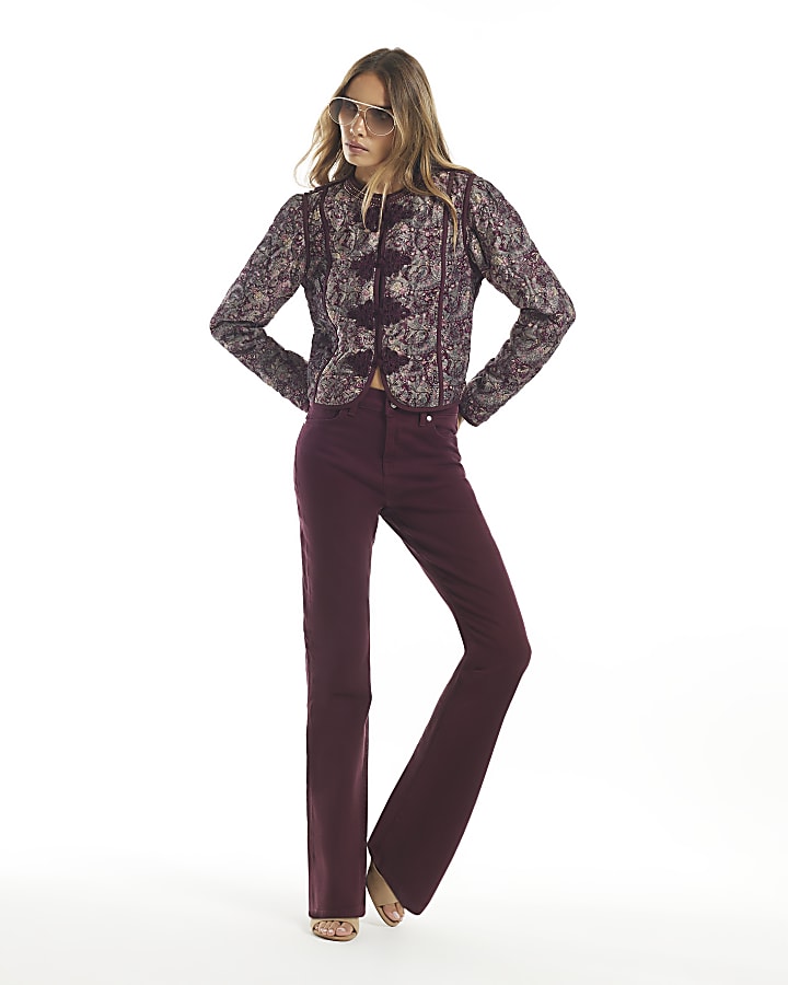 Burgundy High Waisted Slim Fit Flared Jeans