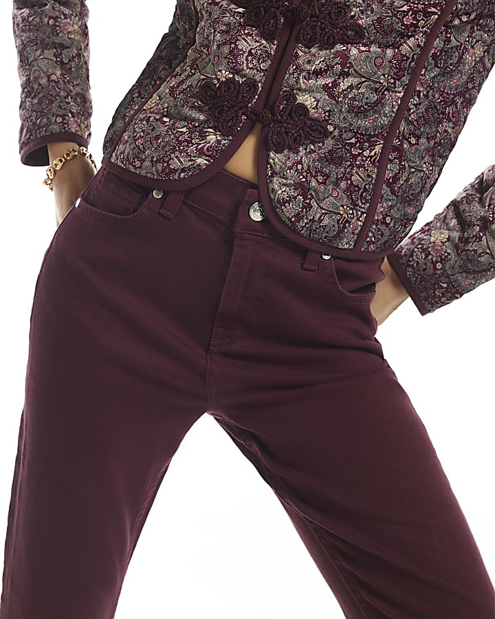 Burgundy High Waisted Slim Fit Flared Jeans