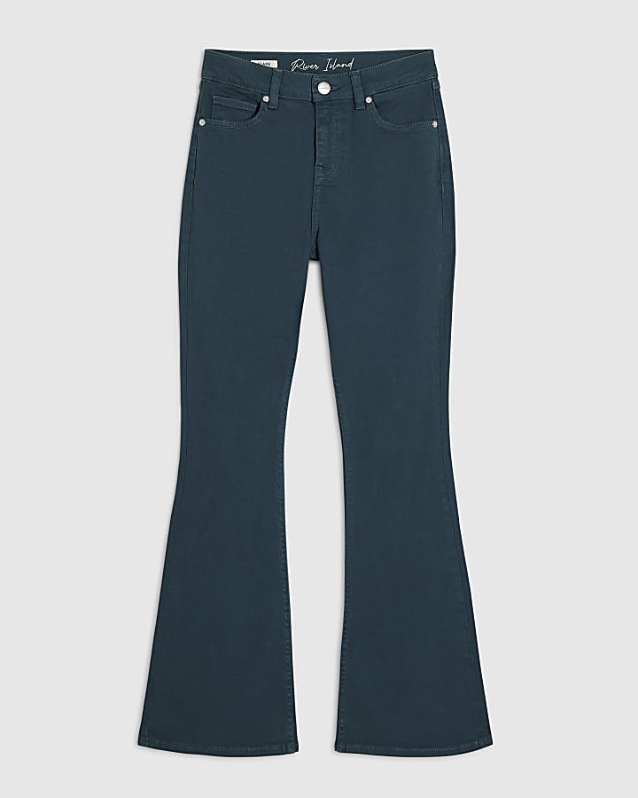 Green High Waist Slim Flare Leg Jeans