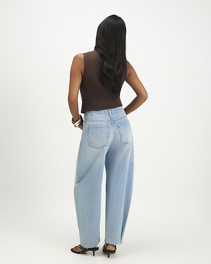 Petite Blue Twist Seam Barrel Leg Jeans