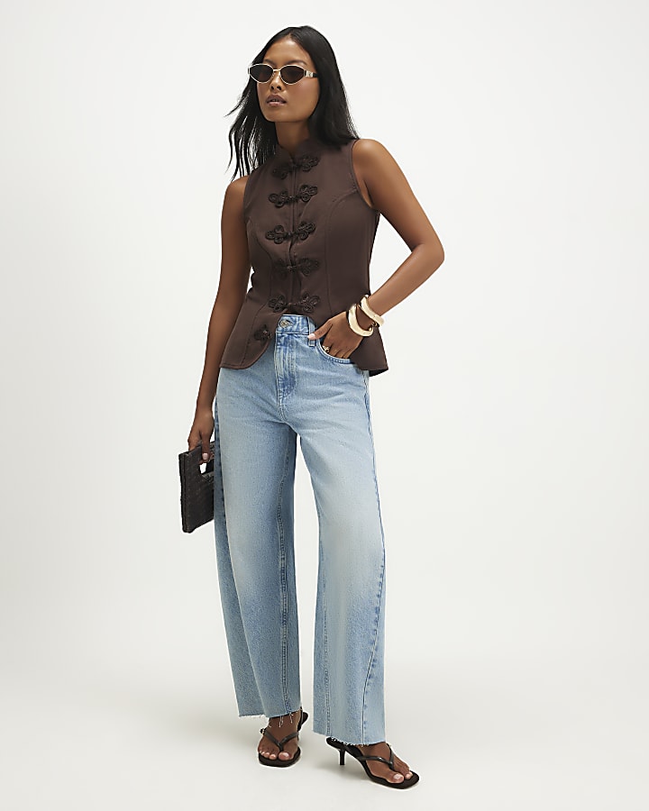 Petite Blue Twist Seam Barrel Leg Jeans