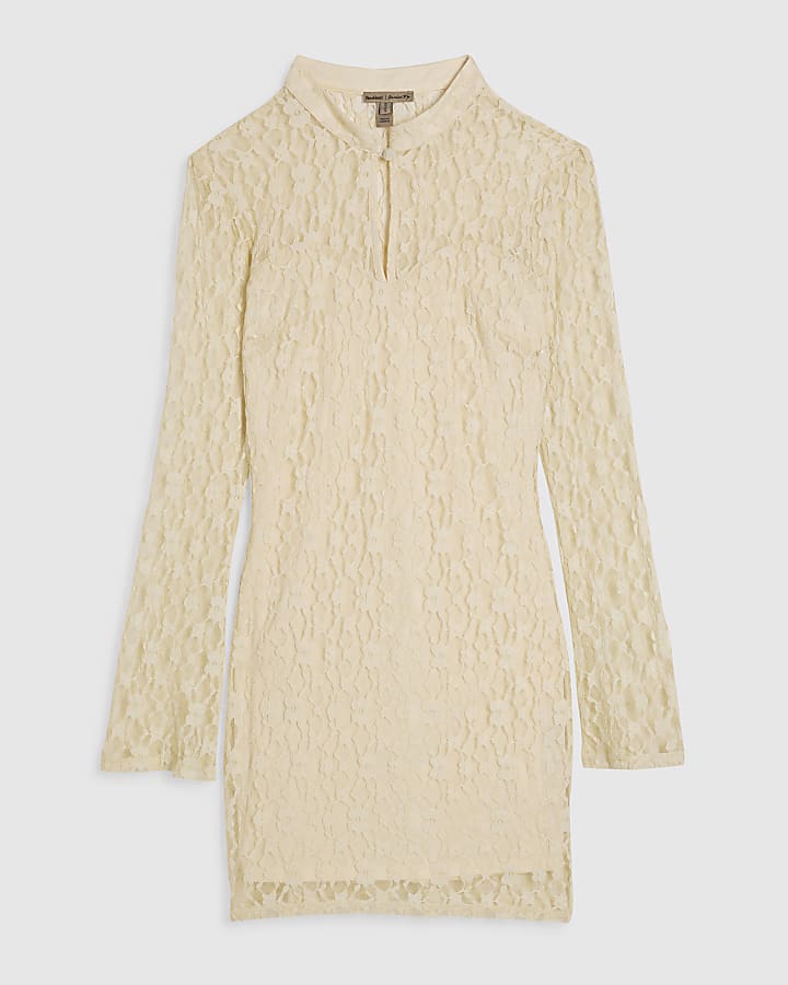 Beige Long Sleeve Lace Mini Dress