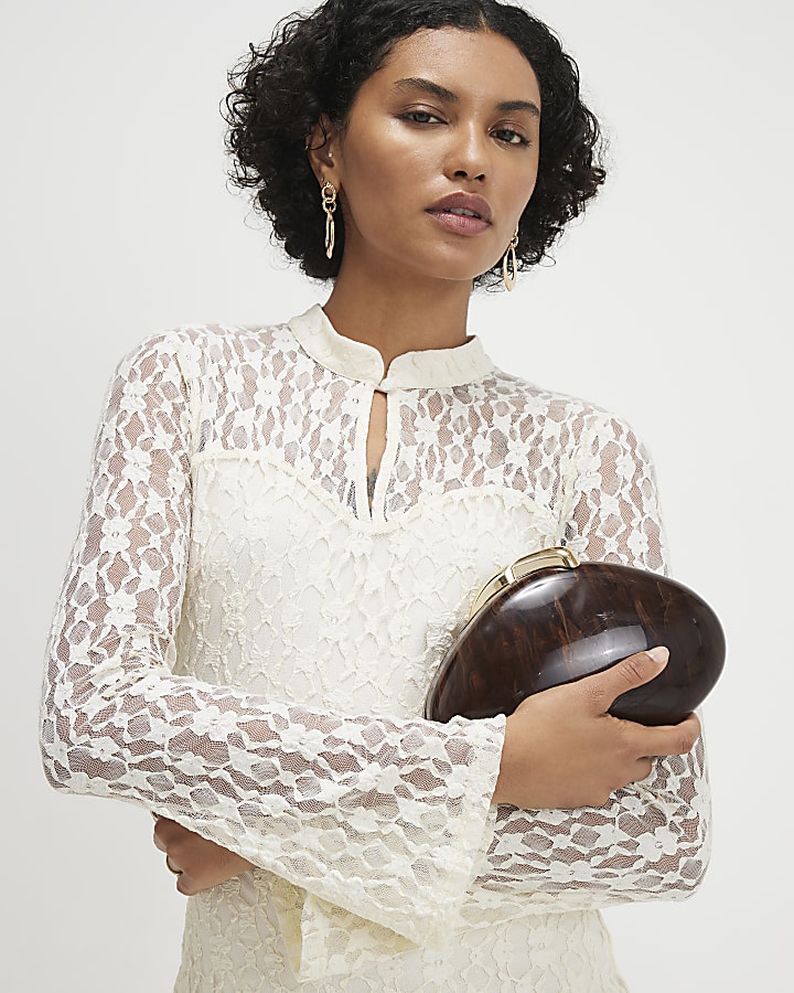 Beige Long Sleeve Lace Mini Dress