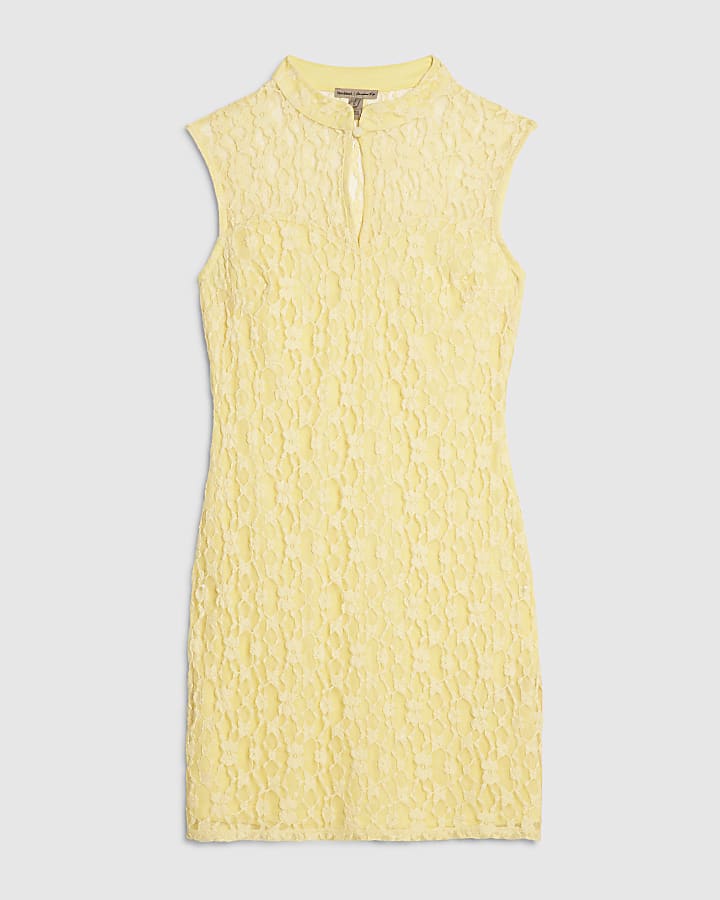 Yellow Lace Mandarin Collar Mini Dress
