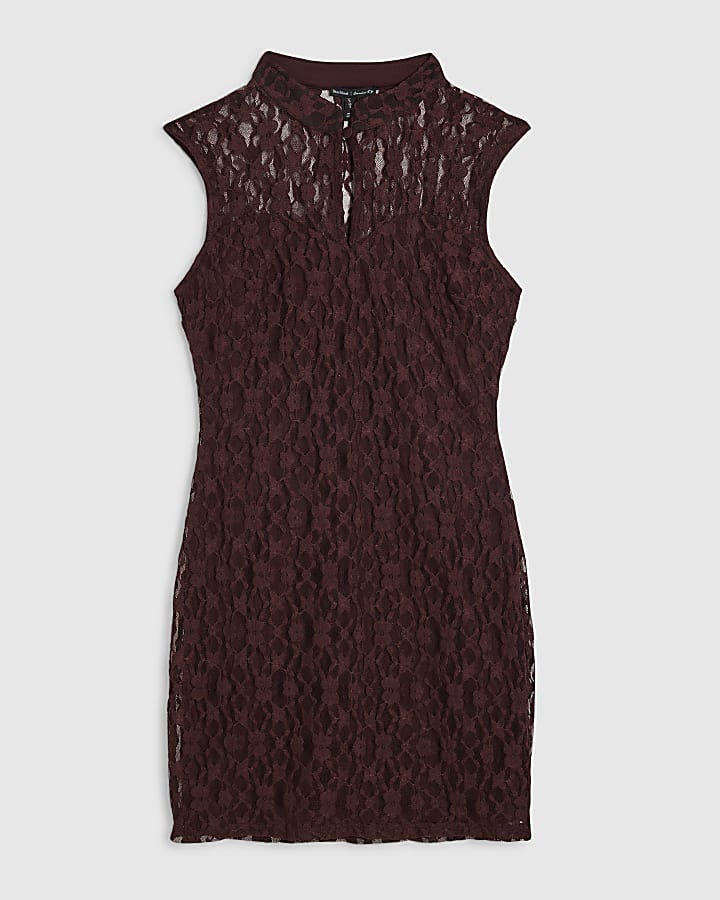 Brown Lace Mandarin Collar Mini Dress