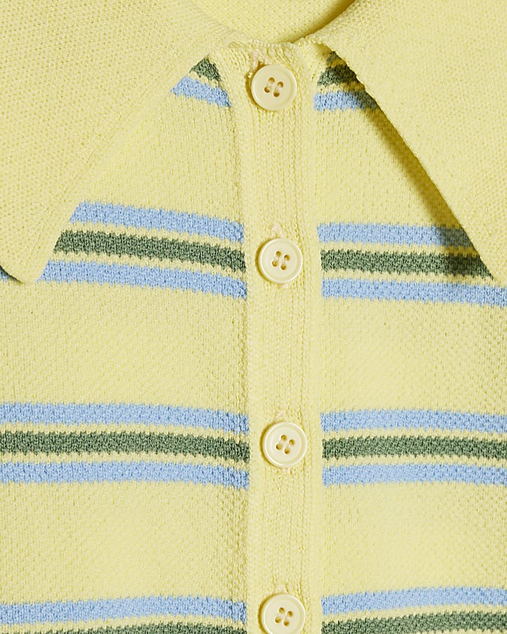 Yellow Knitted Button Up Stripe Polo Shirt