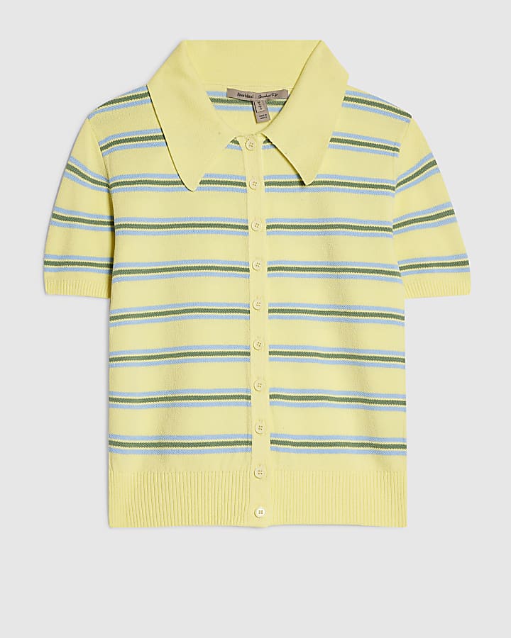 Yellow Knitted Button Up Stripe Polo Shirt