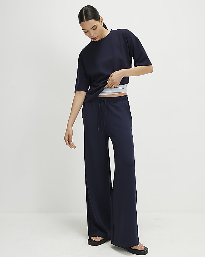 Navy Premium Side Stripe Wide Leg Joggers
