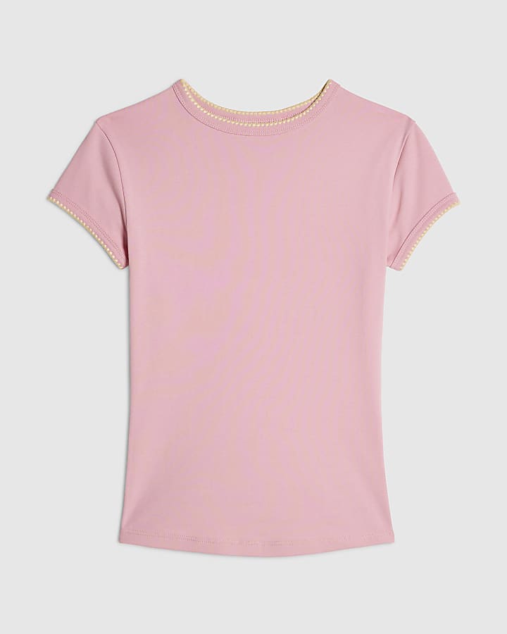 Pink Cotton Blend Fitted Whipstitch T-Shirt