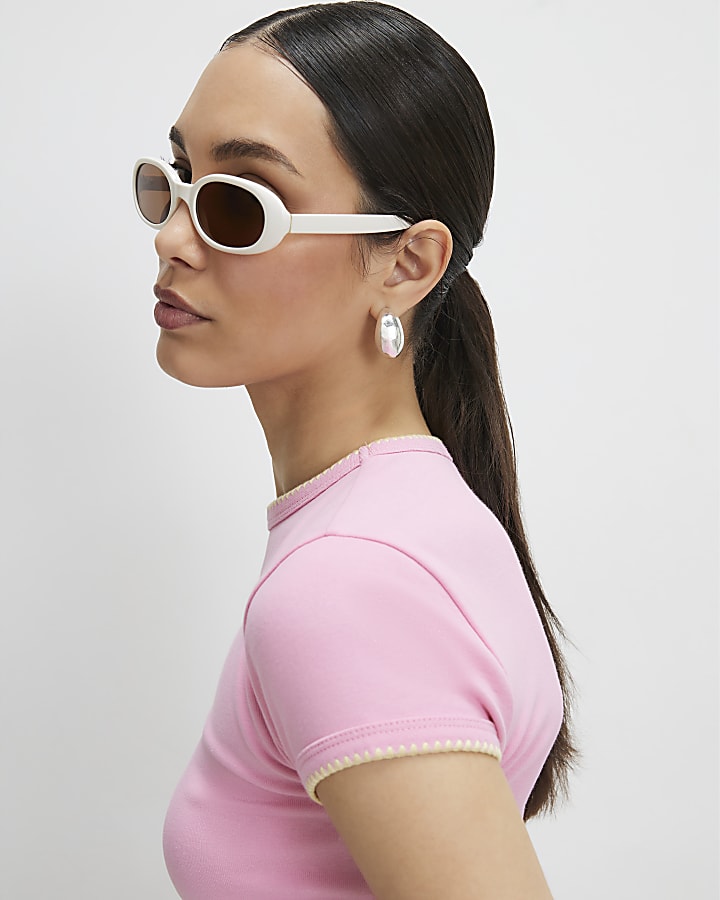 Pink Cotton Blend Fitted Whipstitch T-Shirt