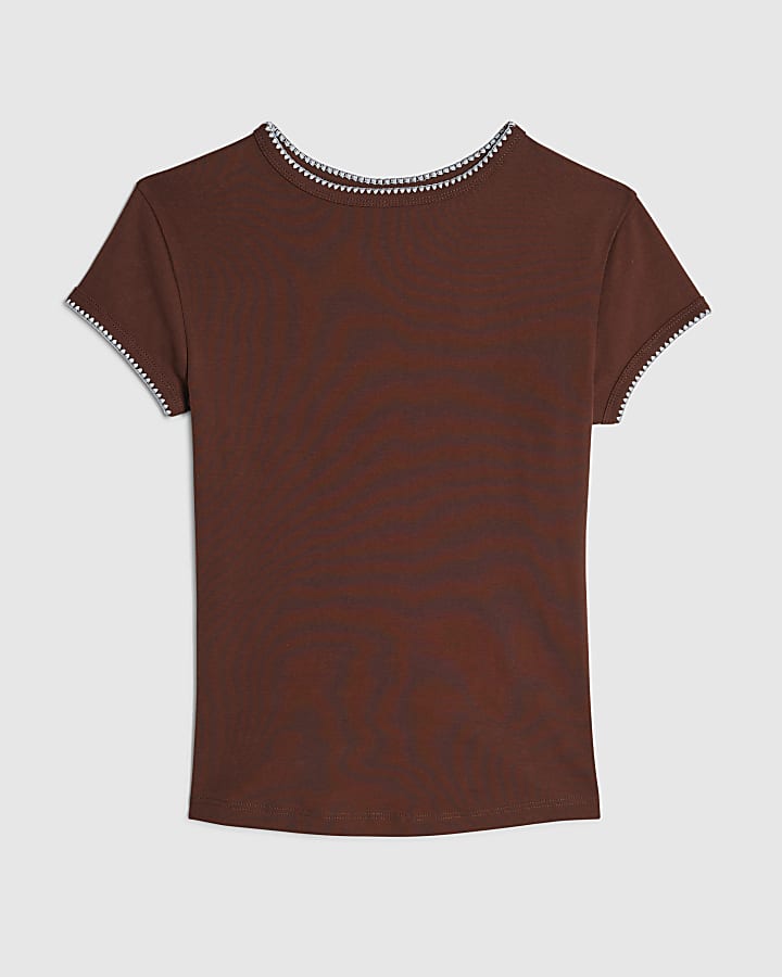 Brown Cotton Blend Fitted Whipstitch T-Shirt