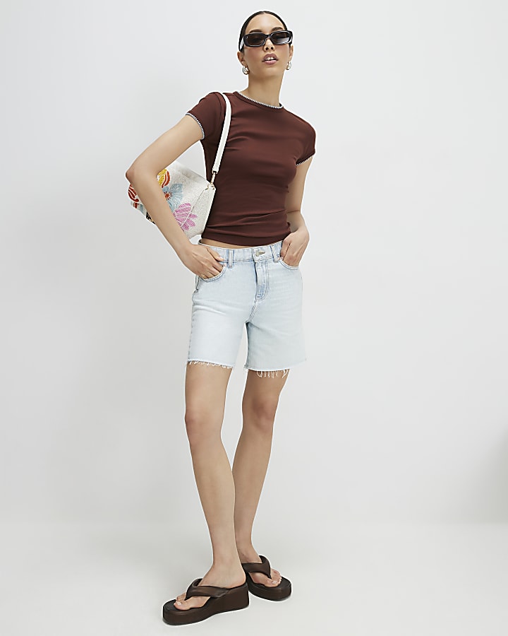 Brown Cotton Blend Fitted Whipstitch T-Shirt