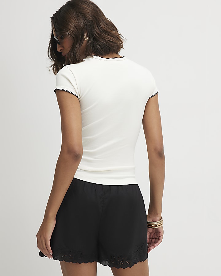 White Cotton Blend Fitted Whipstitch T-Shirt