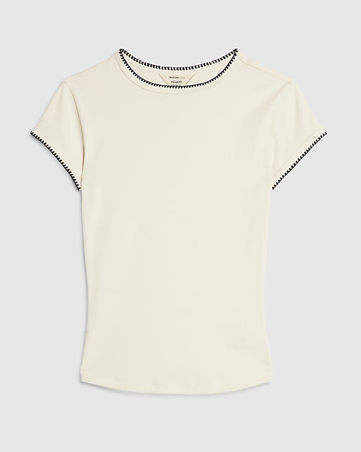 White Cotton Blend Fitted Whipstitch T-Shirt