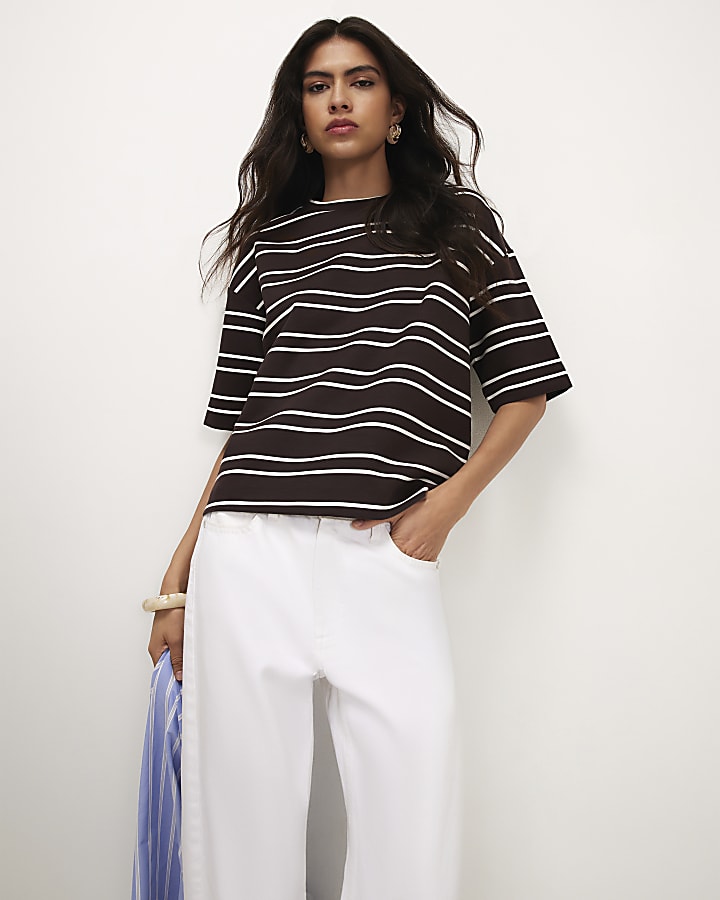 Brown Premium Stripe Boxy Fit T-Shirt