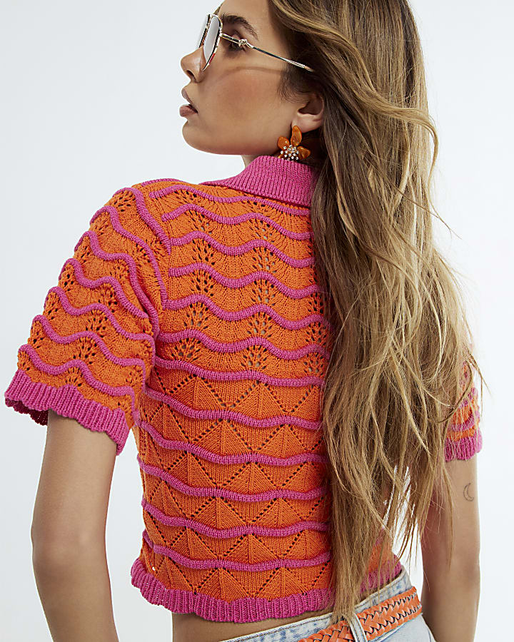 Orange Wave Stitch Knit Polo Top