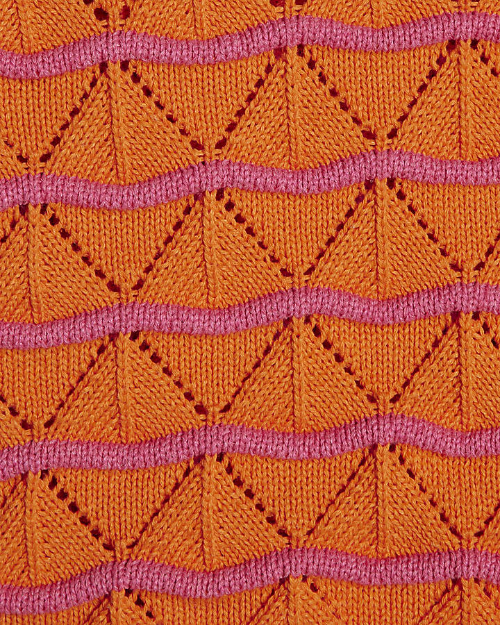 Orange Wave Stitch Knit Polo Top