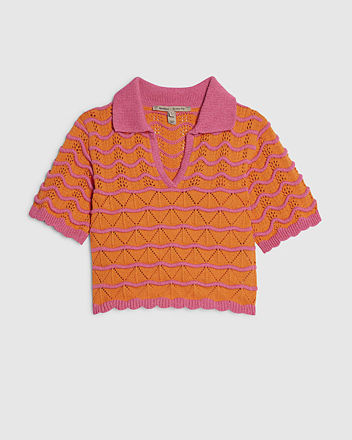 Orange Wave Stitch Knit Polo Top