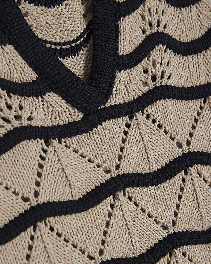 Navy Wave Stitch Knit Polo Top