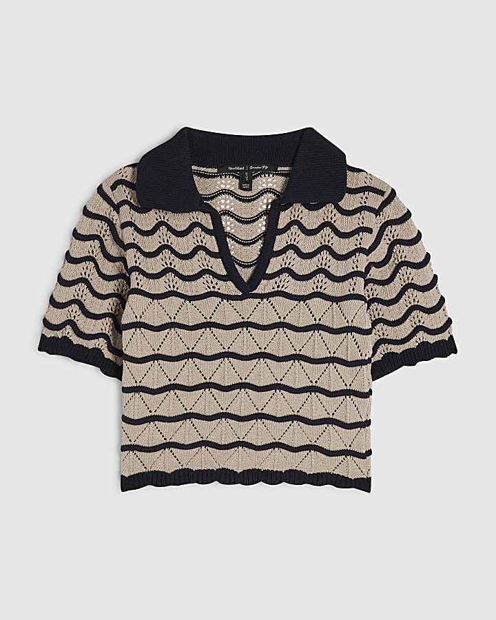 Navy Wave Stitch Knit Polo Top