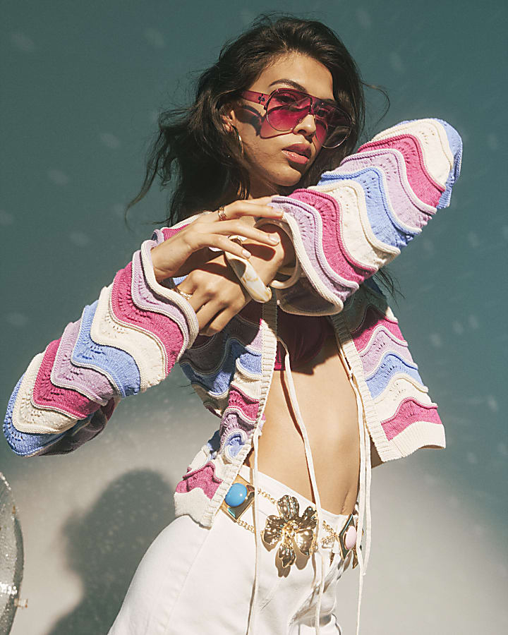 Purple Knitted Wave Stripe Cardigan