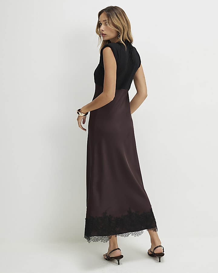 Brown Satin Hybrid Midi Slip Dress