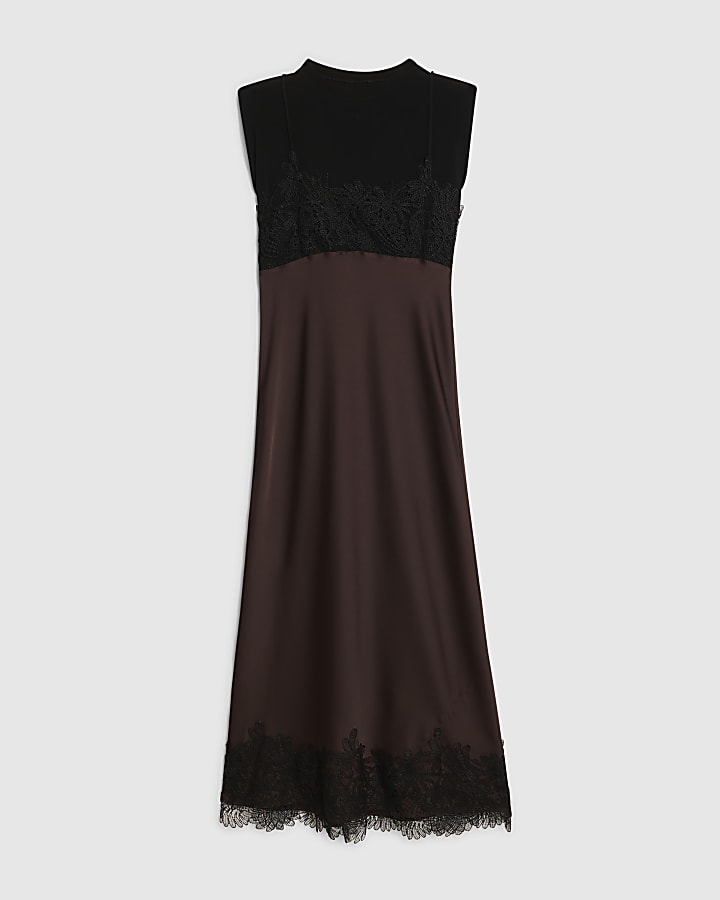 Brown Satin Hybrid Midi Slip Dress