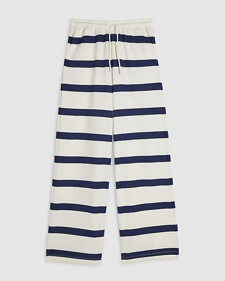 Cream Premium Striped Wide Leg Joggers