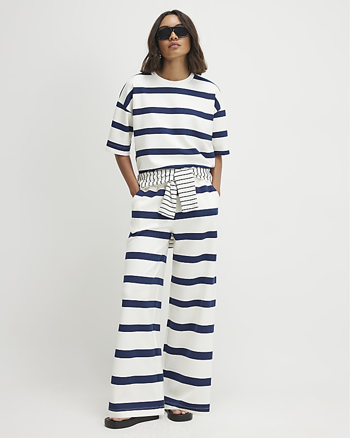 Cream Premium Striped Wide Leg Joggers