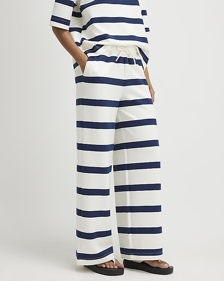 Cream Premium Striped Wide Leg Joggers