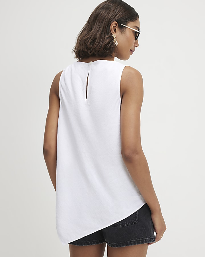 White Linen Blend Asymmetric Tank Top