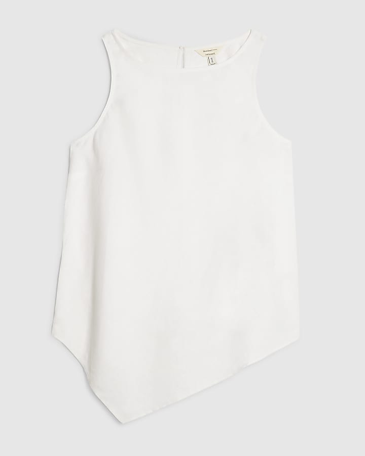 White Linen Blend Asymmetric Tank Top