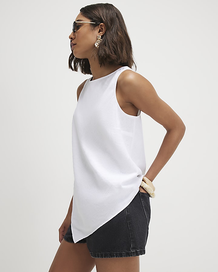 White Linen Blend Asymmetric Tank Top