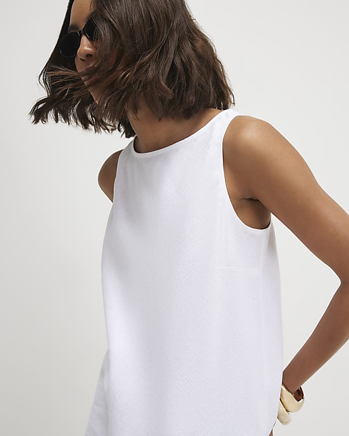 White Linen Blend Asymmetric Tank Top