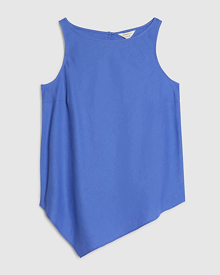 Blue Linen Blend Asymmetric Tank Top