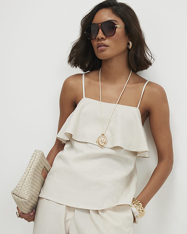 Beige Linen Blend Tiered Cami