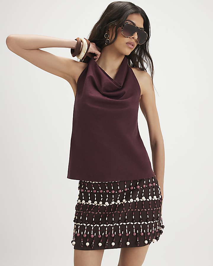 Purple Linen Blend Cowl Neck Top