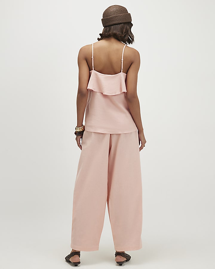 Pink Linen Blend Tapered Balloon Leg Trousers