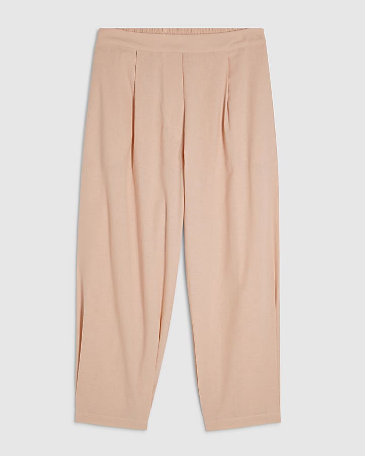 Pink Linen Blend Tapered Balloon Leg Trousers