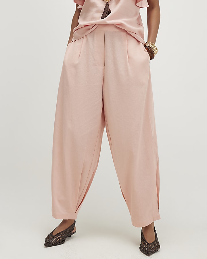Pink Linen Blend Tapered Balloon Leg Trousers