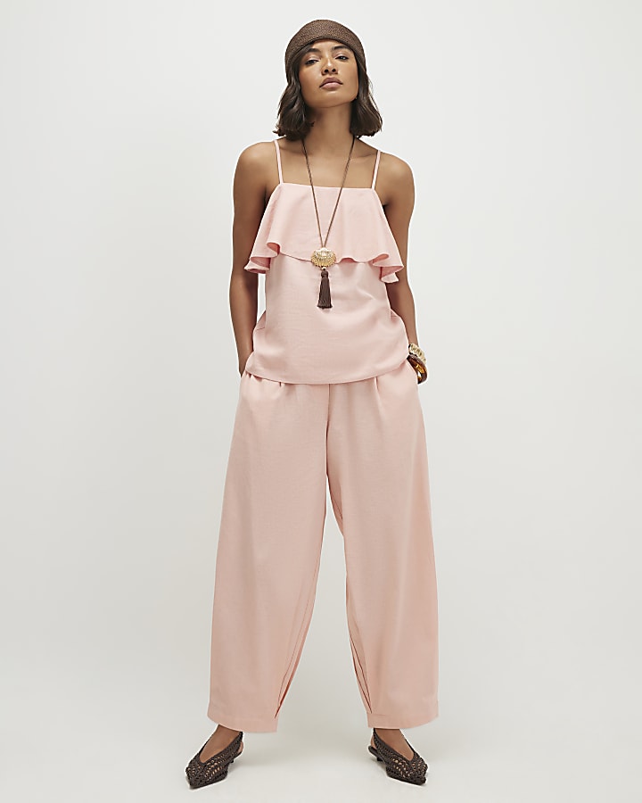 Pink Linen Blend Tapered Balloon Leg Trousers