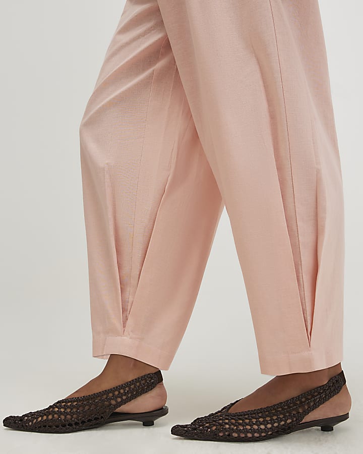 Pink Linen Blend Tapered Balloon Leg Trousers
