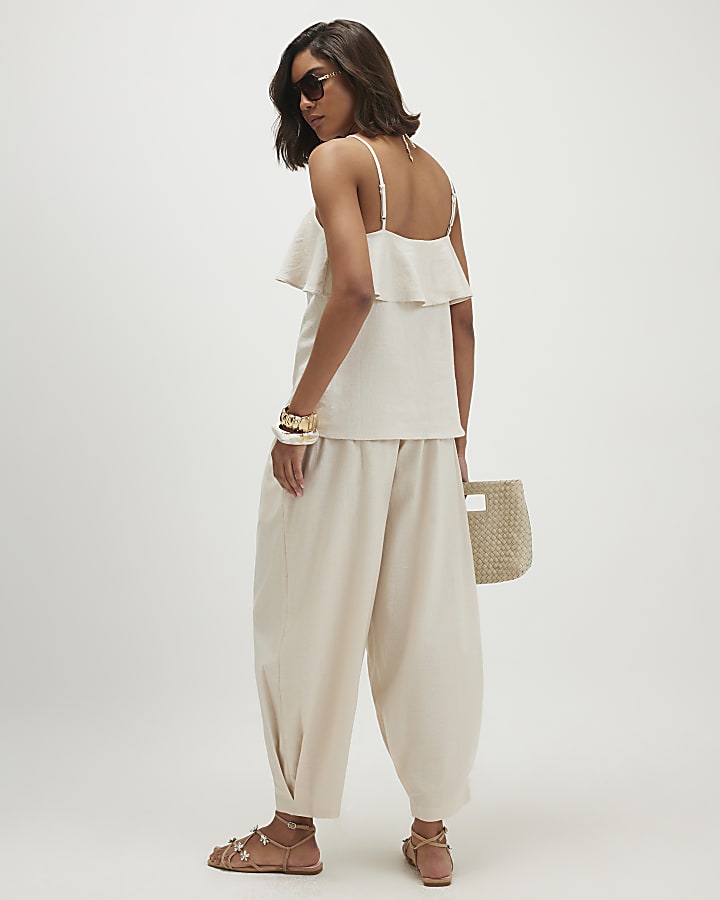 Beige Linen Blend Tapered Balloon Trousers