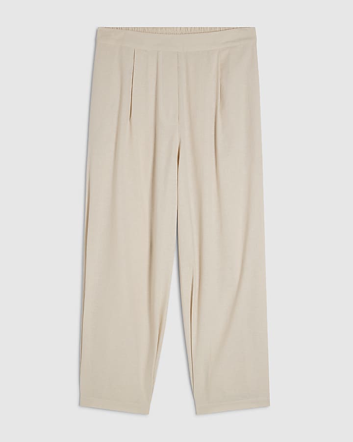 Beige Linen Blend Tapered Balloon Trousers