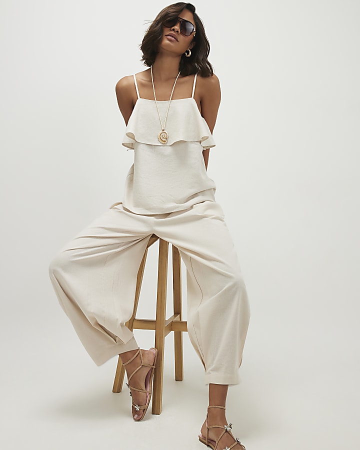 Beige Linen Blend Tapered Balloon Trousers