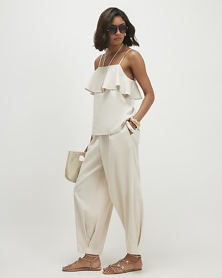 Beige Linen Blend Tapered Balloon Trousers