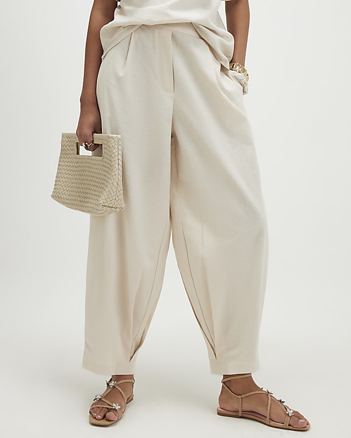 Beige Linen Blend Tapered Balloon Trousers