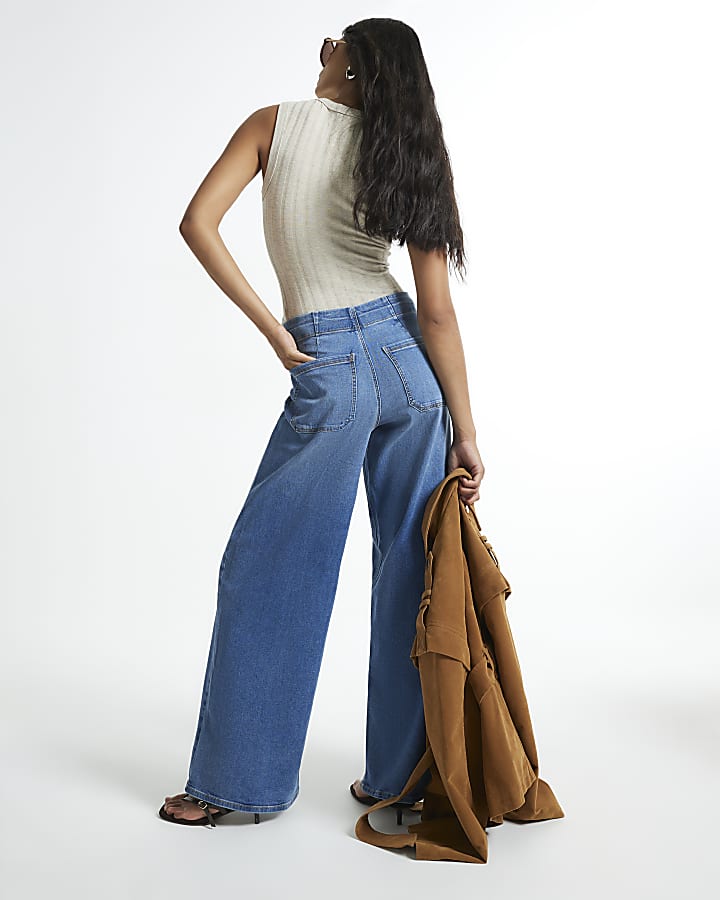 Blue High Waisted Pull On Palazzo Jeans
