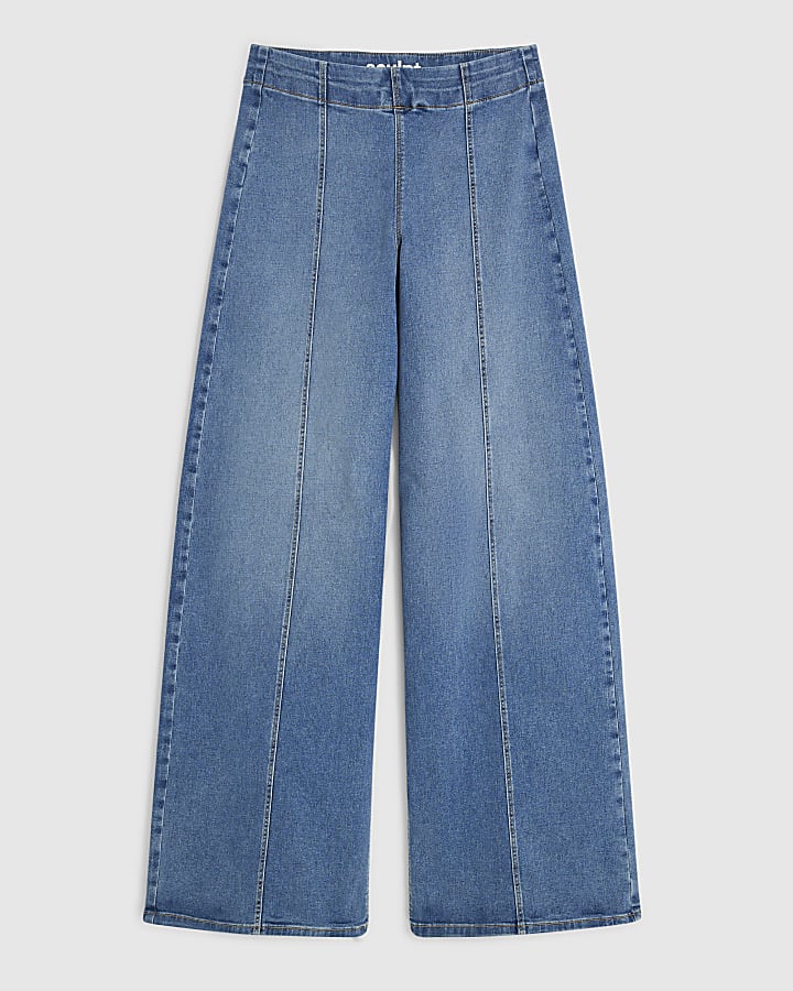 Blue High Waisted Pull On Palazzo Jeans